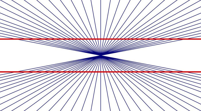 Optical illusions with blue rays intersecting red lines that appear curvy.