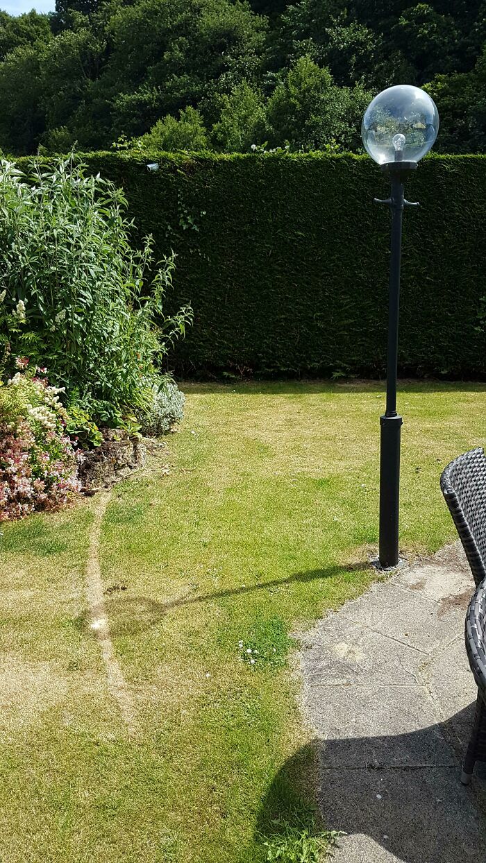 Garden view with a lamppost casting a shadow across the grass, illustrating a disastrous design.