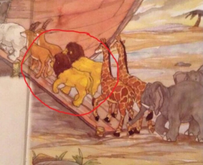 Illustration of animals boarding an ark, with a focus on two lions, highlighting a disastrous design decision.