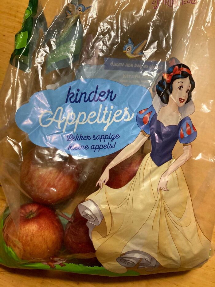 Snow White on a children's apple packaging design fail.