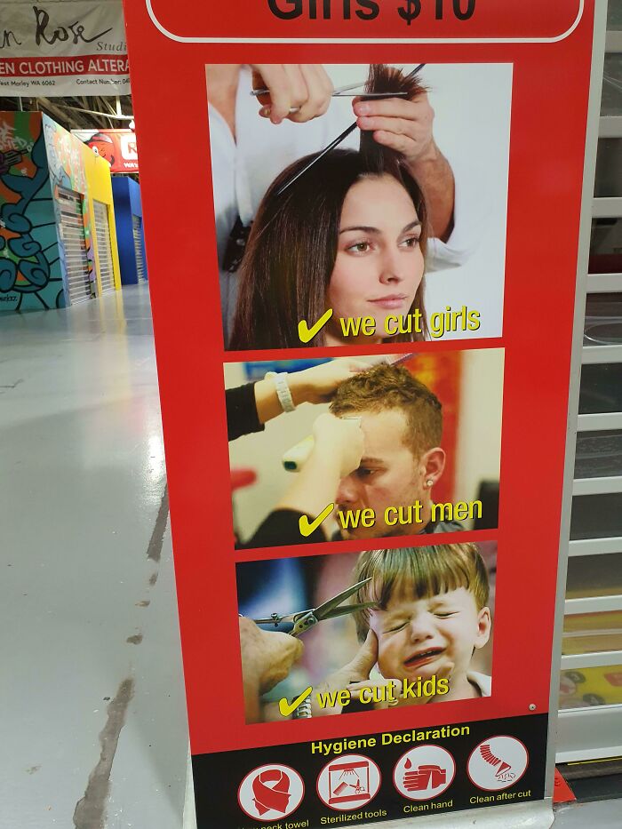 Hair salon sign with disastrous design featuring images of a woman, man, and crying child with captions: "we cut girls," "we cut men," "we cut kids."