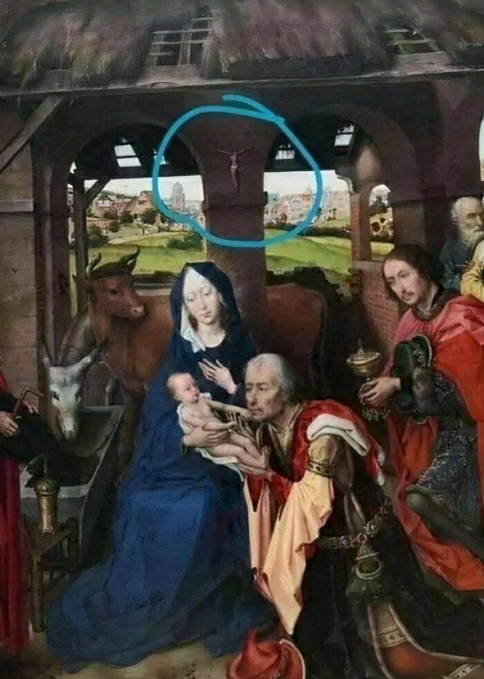 A historical painting with a blue circle highlighting a tiny detail, showcasing a disastrous design choice.