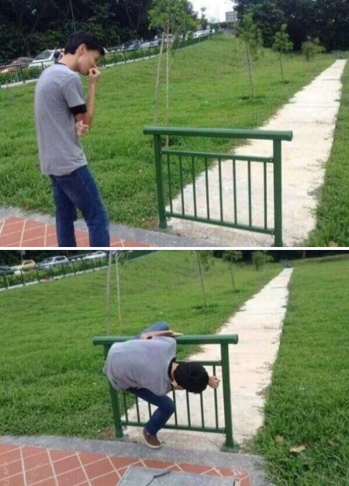 Man puzzled by small fence blocking the path, attempts to get through awkwardly, illustrating disastrous design choices.