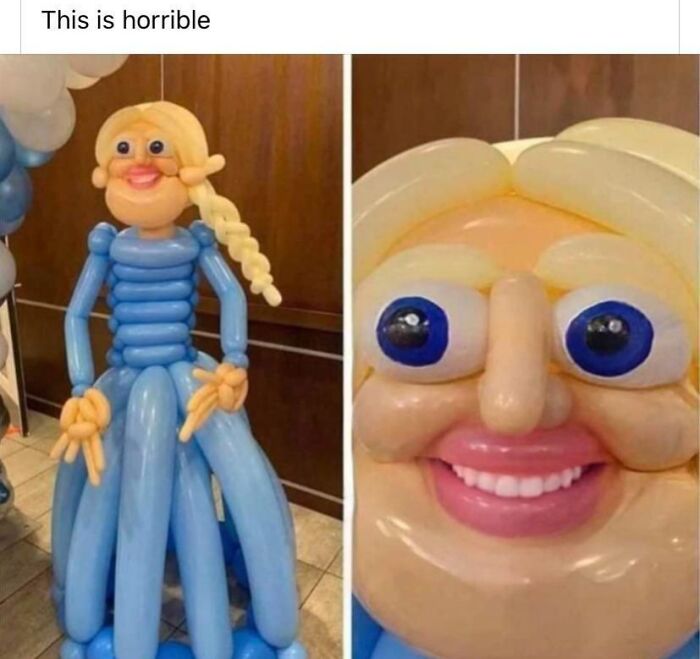 Balloon figure with exaggerated features, showcasing a comically disastrous design.