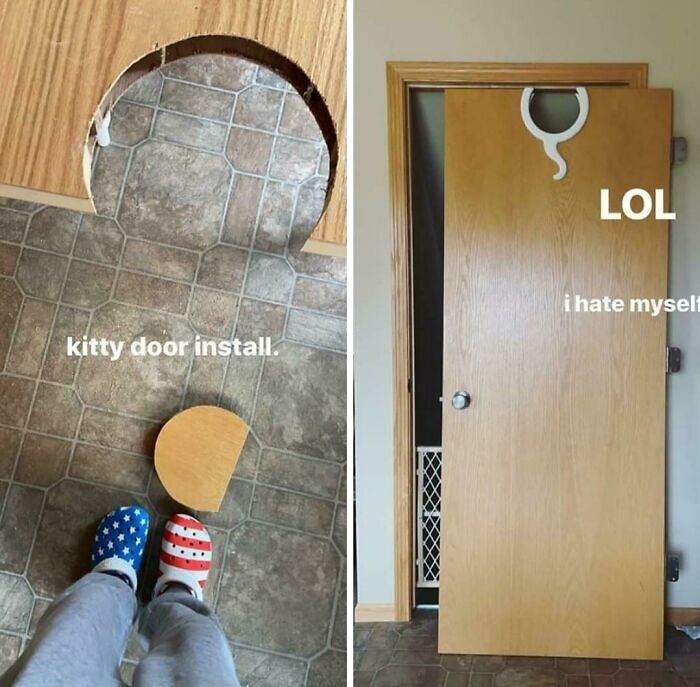 Kitty door installation gone wrong with cut-out mistakes on floor and door.
