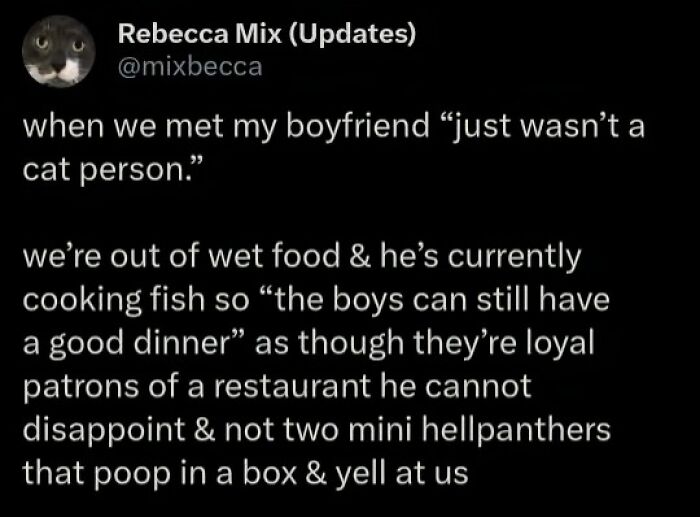 Tweet about a boyfriend's transition to a devoted cat person, humorously cooking fish for their feline companions.