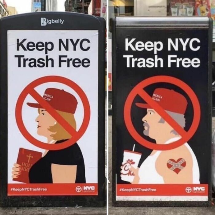 Trash cans with "Keep NYC Trash Free" signs featuring a man and woman wearing MAGA hats, emphasizing controversial hot takes. Trash cans with "Keep NYC Trash Free" signs featuring a man and woman wearing MAGA hats, emphasizing controversial hot takes.