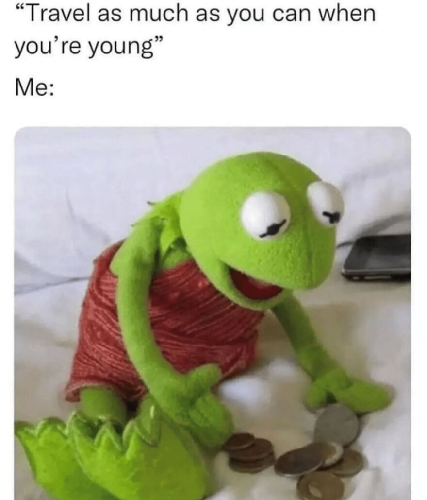 Kermit counting coins, humorously depicting the struggle to travel when young.