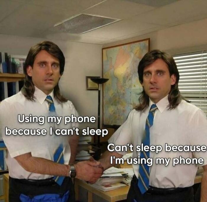 Two men in an office handshake, with text about phone usage and insomnia, illustrating a sadcastic meme.