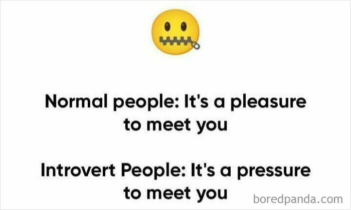 Sadcastic meme with zipped mouth emoji contrasting extrovert and introvert greetings.