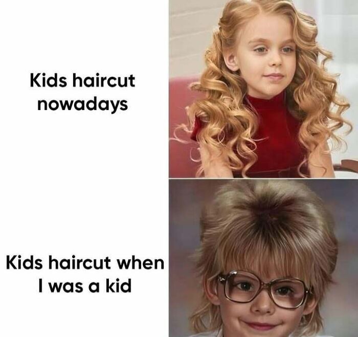 Child with stylish curls vs retro mullet, illustrating 'sadcastic' evolution of kids' haircuts.