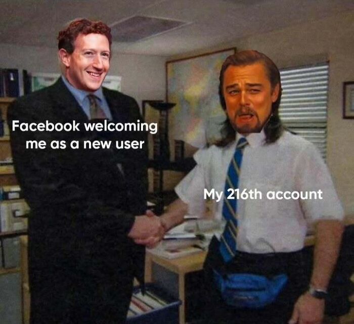 Two men shaking hands with text: "Facebook welcoming me" and "My 216th account." Sadcastic meme.