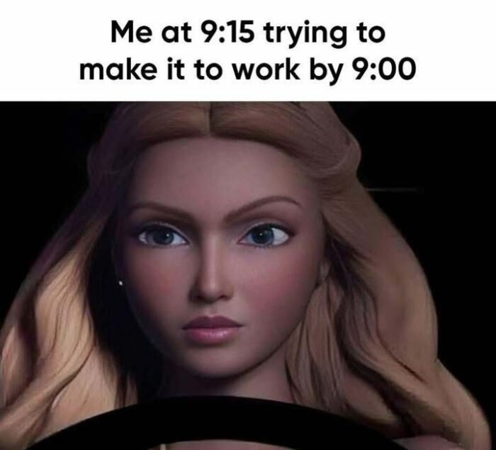 Animated woman driving, humorous caption about lateness, reflecting 'sadcastic' meme style.