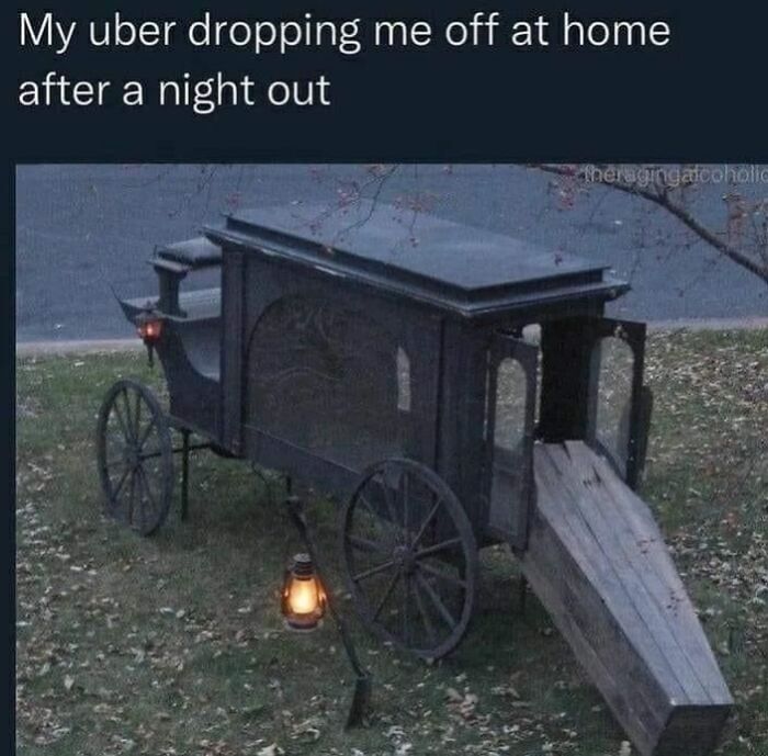 Coffin-shaped carriage with lantern at night, captioned sarcastically about Uber. Spooky sarcasm theme.