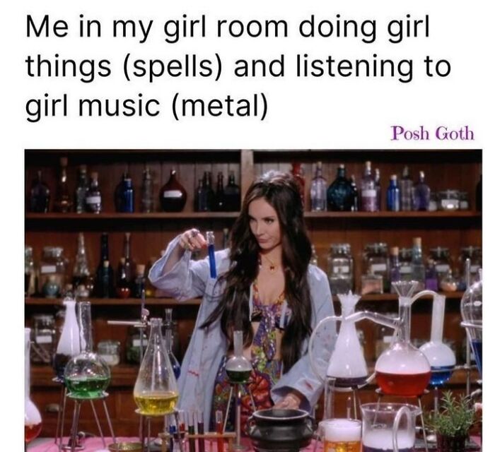 Woman in lab creating spells, surrounded by beakers, illustrating sarcasm as witchcraft with text about metal music.