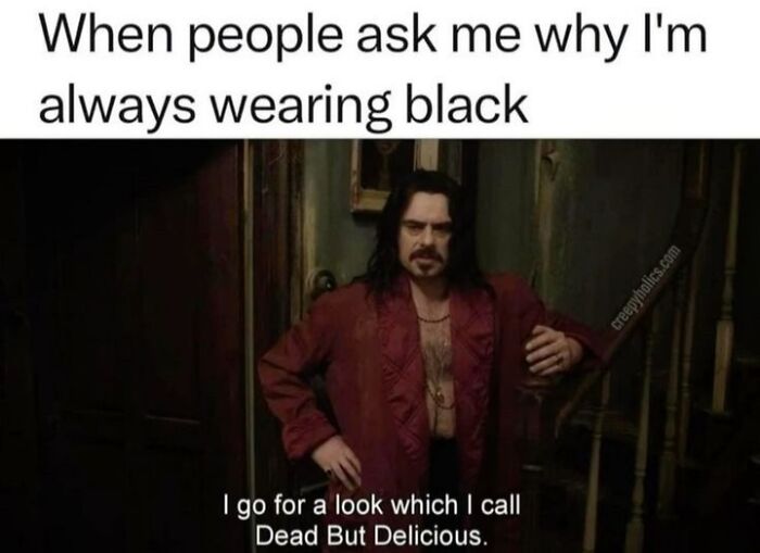 A person in a dark room, wearing black, with text that humorously connects sarcasm to witchcraft.