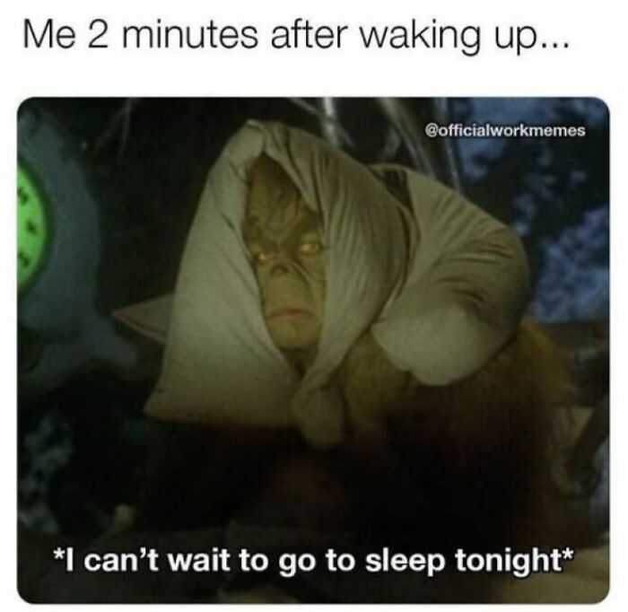 Grinch wrapped in sheets looking sleepy, showcasing sarcasm with text about going back to sleep.