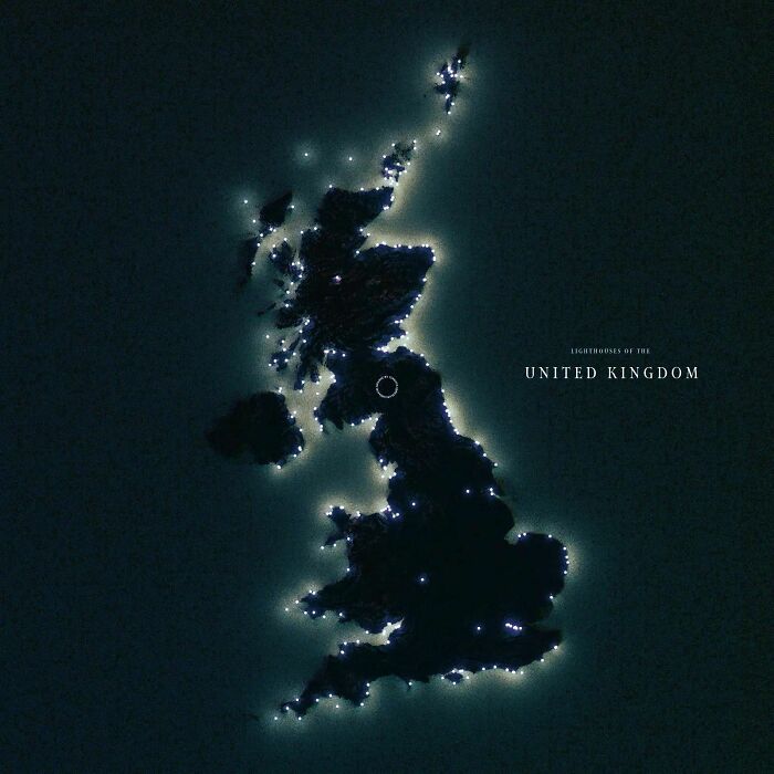 Map of the United Kingdom showing the locations of lighthouses, part of brilliantly designed infographics.