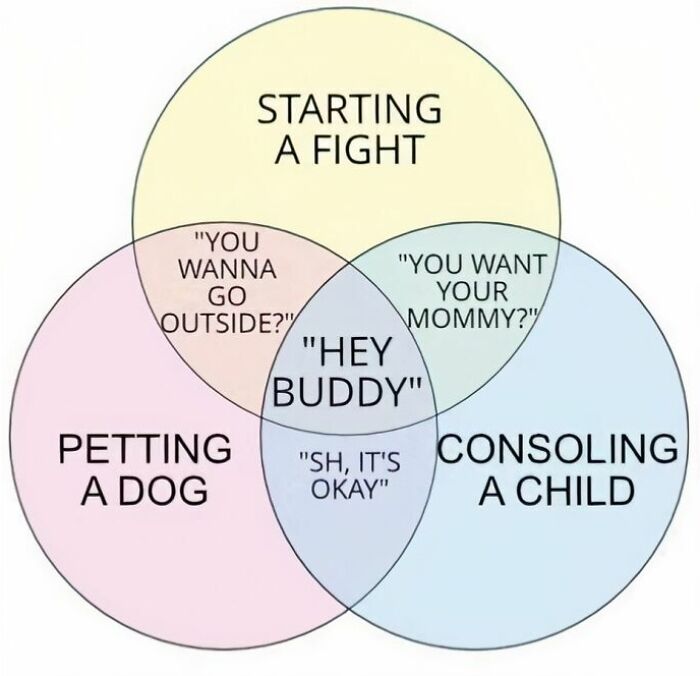 Venn diagram showing phrases used when starting a fight, petting a dog, or consoling a child.