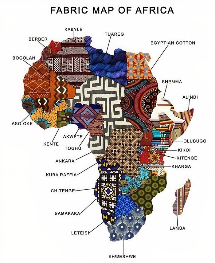 Fabric map of Africa showcasing various traditional textiles, highlighting brilliantly designed infographics for educational purposes.