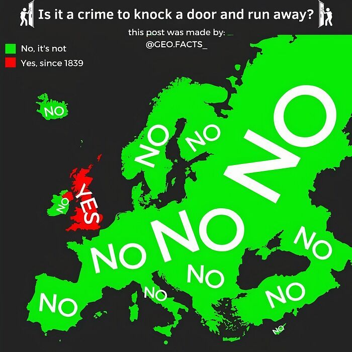Infographic showing if door-knocking and running is a crime in Europe; green is no, red is yes for Britain.