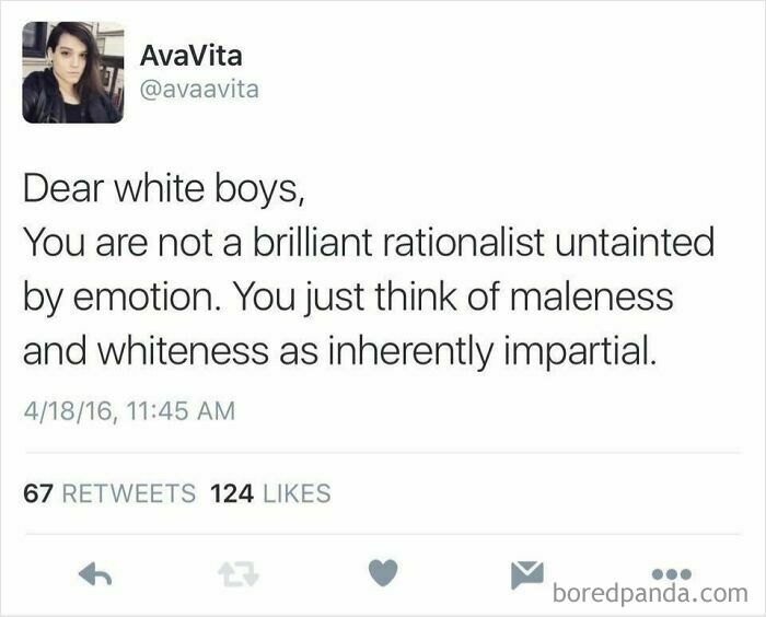 Tweet critiquing perceptions of gender and race related to sexism.