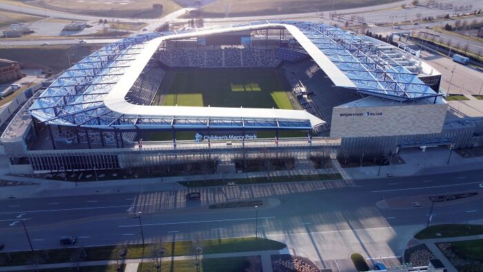 Aerial view of a large soccer stadium known as a cathedral of soccer where legends are born.
