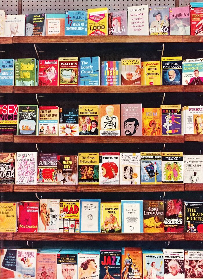 Bookshelf in the JFK years showcasing diverse book titles and covers in a vintage American setting.