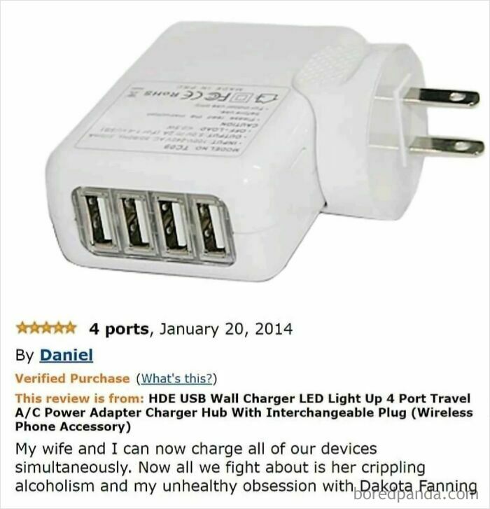 USB wall charger with four ports, featuring a humorous Amazon review.