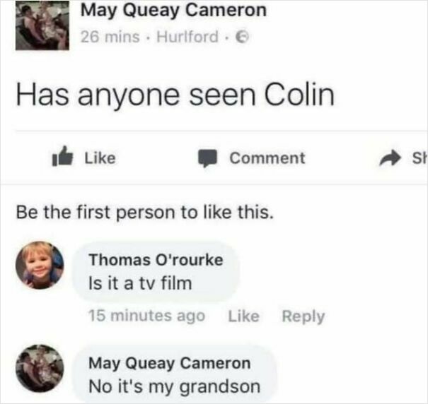 Facebook post humor: Someone asks about Colin, another thinks it's a film, but it's actually a grandson.