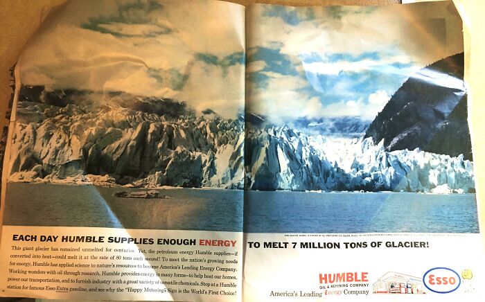 Vintage advertisement showing American energy company promoting glacier melting capabilities during JFK years.