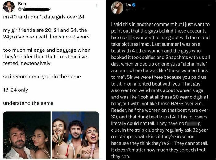 Social media post criticizing sexism, featuring a text exchange about age preferences in dating and accompanying photo of a group.