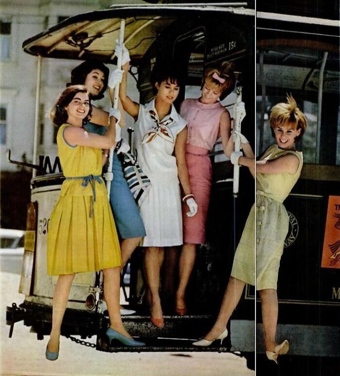 Women in colorful 1960s dresses stand on a vintage streetcar, showcasing America's style during the JFK years.