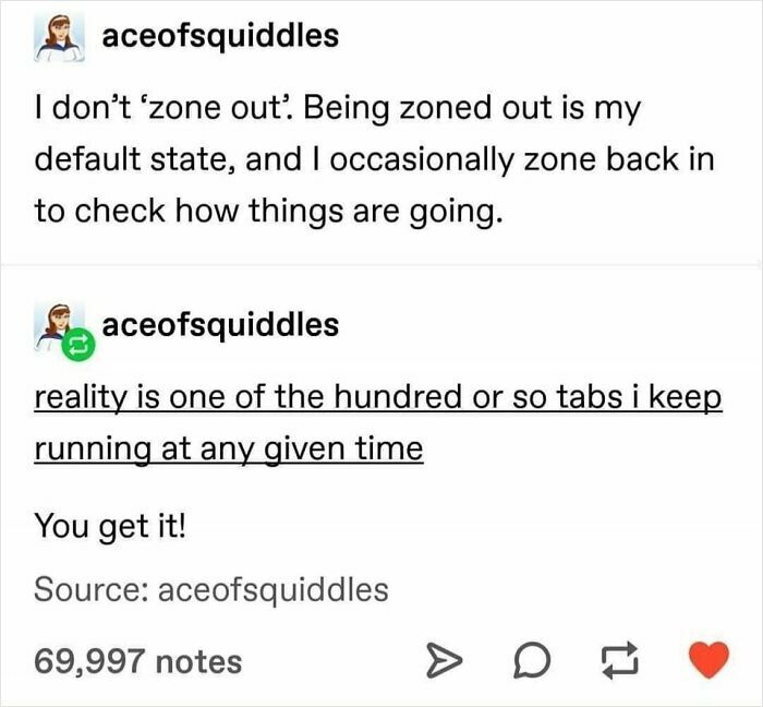 Cheerful Nihilism meme about zoning out as a default state, with reality being one of many mental tabs open.