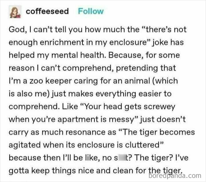 Cheerful Nihilism meme about mental health and tidying through humorous zoo keeper analogy.