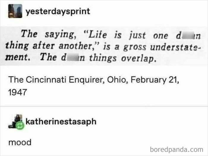 Vintage newspaper clip with text about life’s challenges, followed by a user's comment, embodying cheerful nihilism.