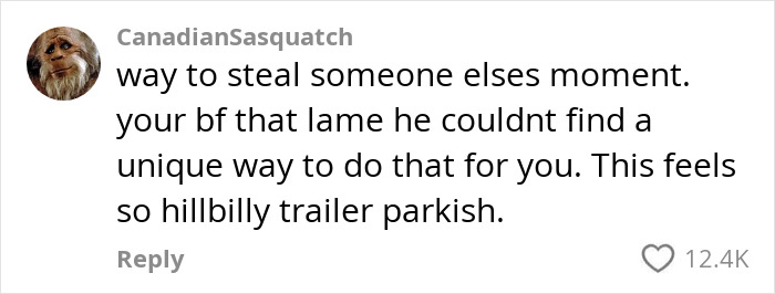 Comment criticizing a proposal at someone else's wedding, suggesting it lacks originality and respect. Comment criticizing a proposal at someone else's wedding, suggesting it lacks originality and respect.