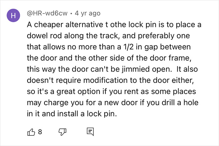 Text offering ex-burglars' advice on using a dowel rod as a door security measure. Text offering ex-burglars' advice on using a dowel rod as a door security measure.