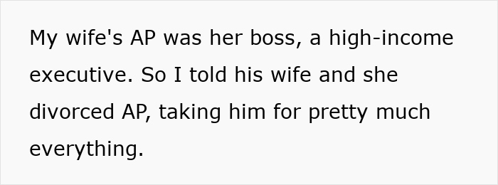 Text discussing affair partners, revealing a high-income boss's involvement leading to a significant divorce. Text discussing affair partners, revealing a high-income boss's involvement leading to a significant divorce.