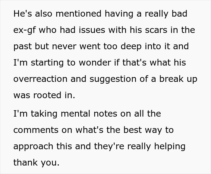 Text discussing a breakup due to burn scars, reflecting a past relationship's influence and seeking advice for resolution. Text discussing a breakup due to burn scars, reflecting a past relationship's influence and seeking advice for resolution.