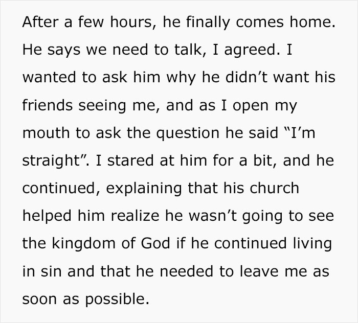 Text discussing realization of gay marriage as sinful after church influence. Text discussing realization of gay marriage as sinful after church influence.