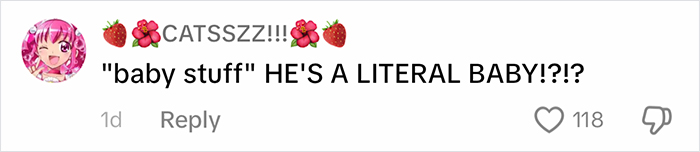 Screenshot of a comment reacting to parenting advice, expressing disbelief about a baby being labeled with "baby stuff. Screenshot of a comment reacting to parenting advice, expressing disbelief about a baby being labeled with "baby stuff.