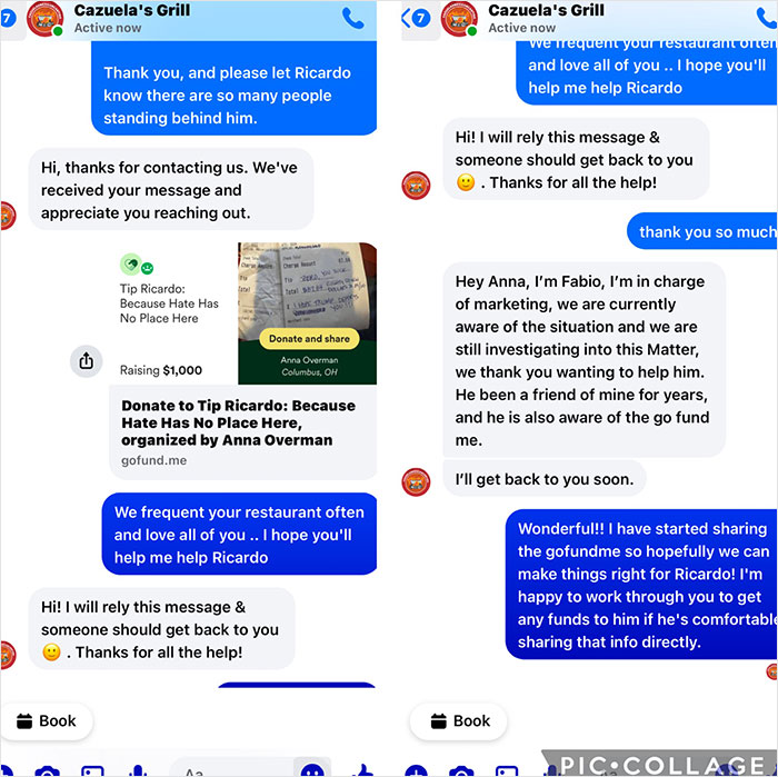 Chat messages from Cazuela's Grill about supporting Ricardo after a "disgusting" restaurant bill message incident. Chat messages from Cazuela's Grill about supporting Ricardo after a "disgusting" restaurant bill message incident.