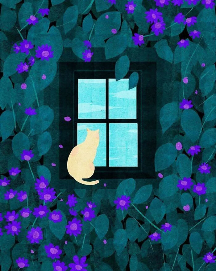 Cat by a window in serene illustration with purple flowers, capturing a sense of solitude.