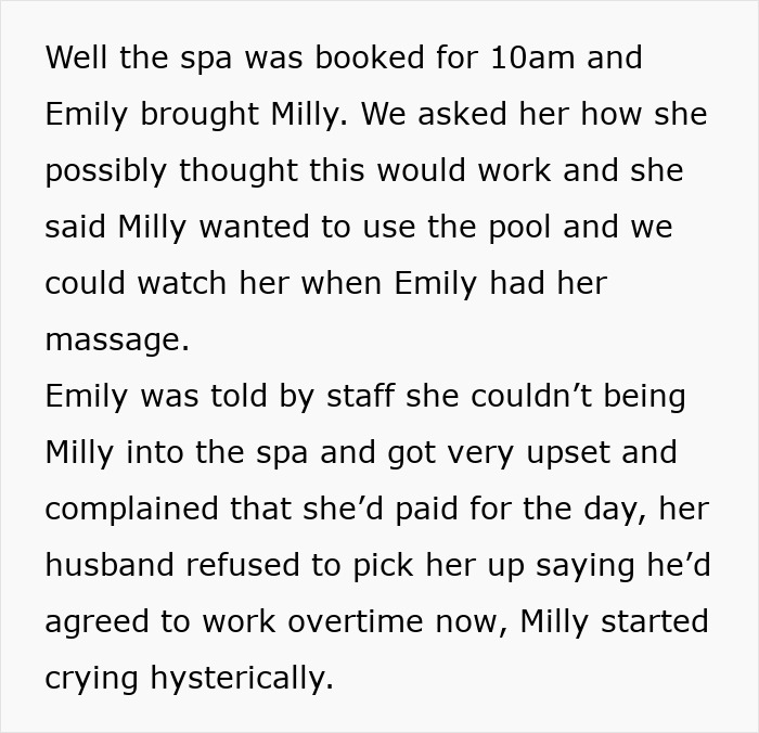 Text describing a woman bringing her child to a no-kids-allowed spa, leading to issues with the staff and upset. Text describing a woman bringing her child to a no-kids-allowed spa, leading to issues with the staff and upset.