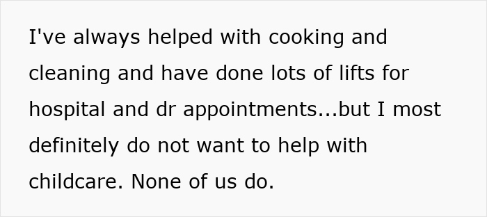 Text from childfree group about helping with tasks but refusing childcare. Text from childfree group about helping with tasks but refusing childcare.