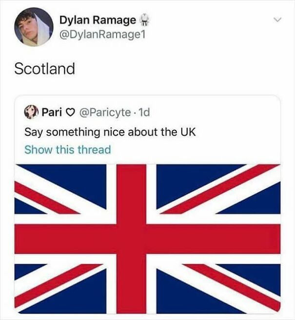 Tweet joking about Scotland under a prompt to say something nice about the UK, featuring the UK flag.