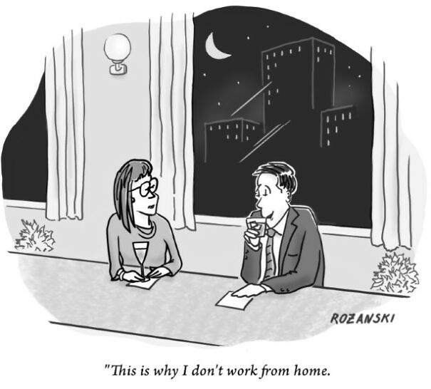 Cartoon of a couple at a bar discussing working from home, with a cityscape view through the window.