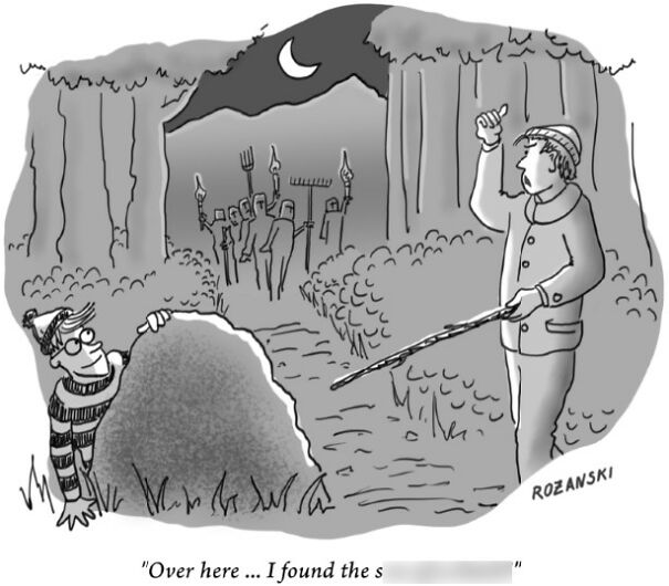 Cartoon scene at night with a group holding pitchforks and a person hiding behind a rock in the forest.