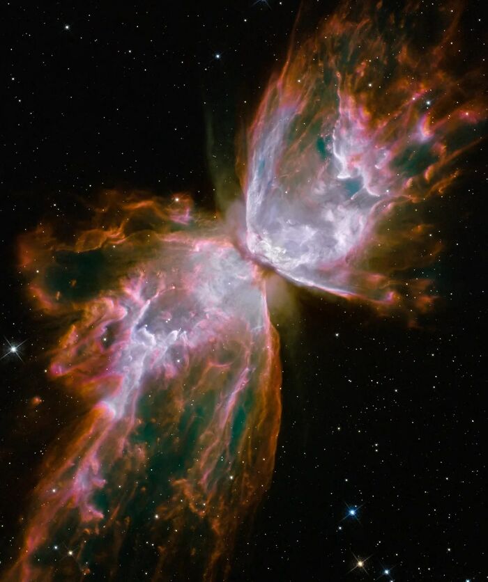 Colorful nebula resembling butterfly in space, showcasing stunning cosmic beauty and intricate patterns.
